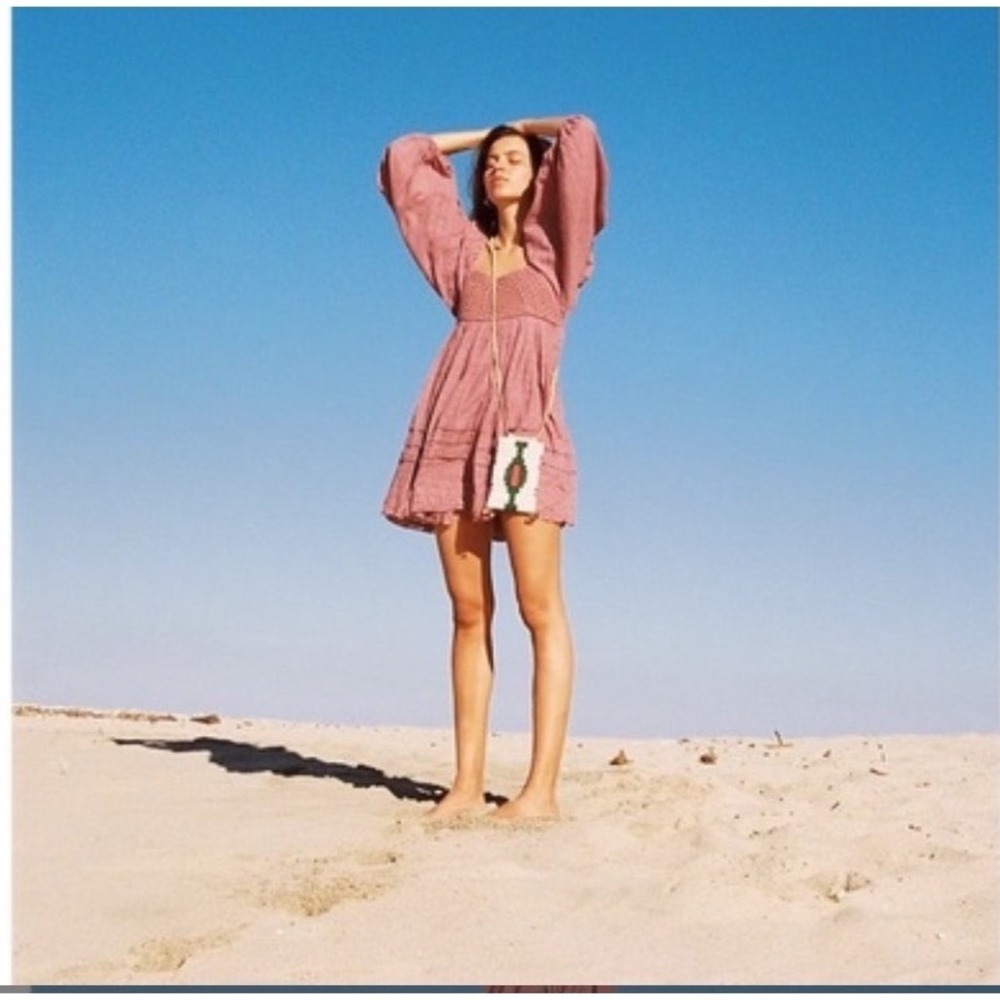 Free People Ari Mini Dress Pink Gauze Crochet Babydoll M Boho Cottage Romantic - Picture 2 of 9